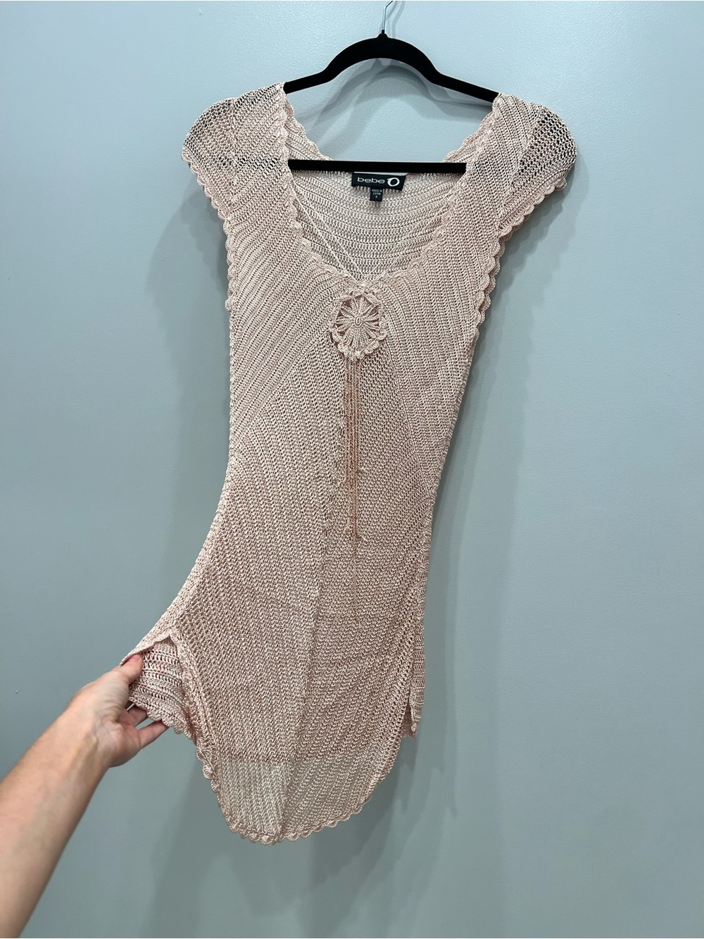 Vintage Y2K Bebe O Baby Pink Crochet Knit Fairy Tunic Top Mini Dress with beads - Picture 6 of 6